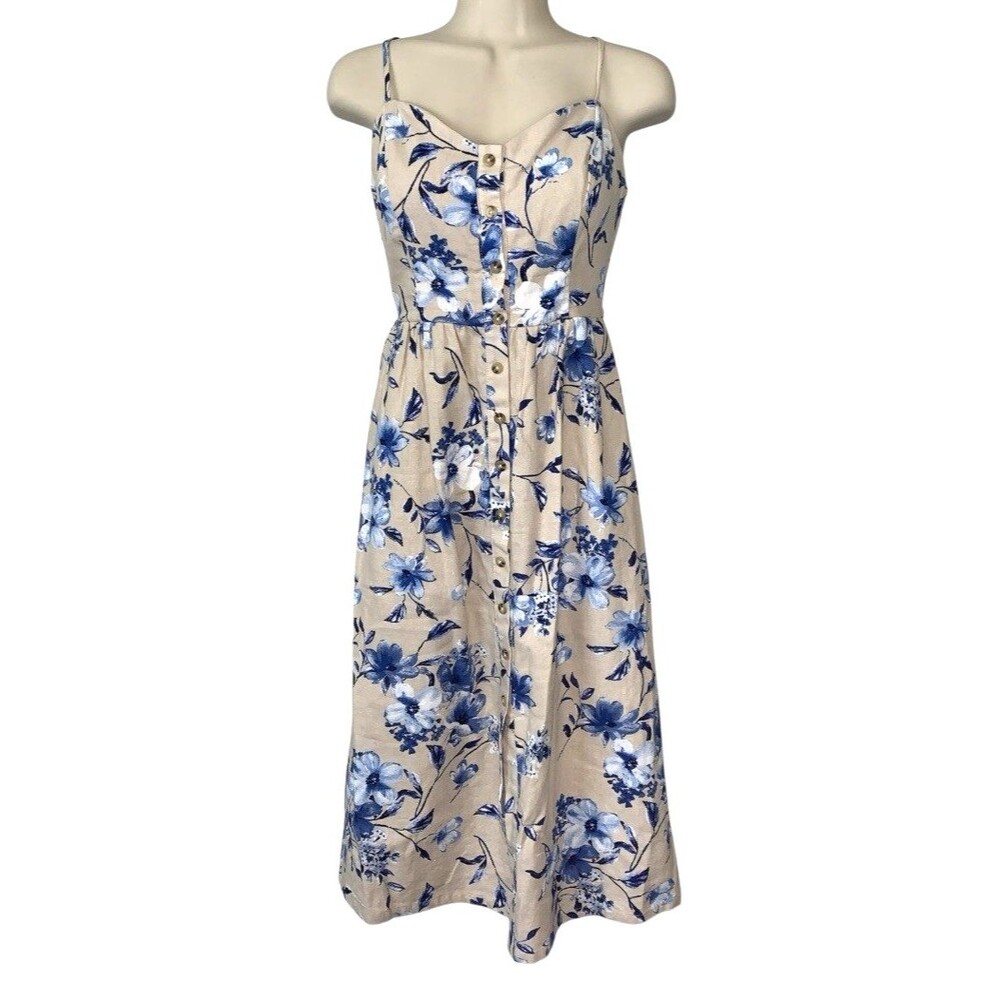 Emerald Sundae Slip Dress Midi Spaghetti Strap Blue Floral Linen -  Sz Med.